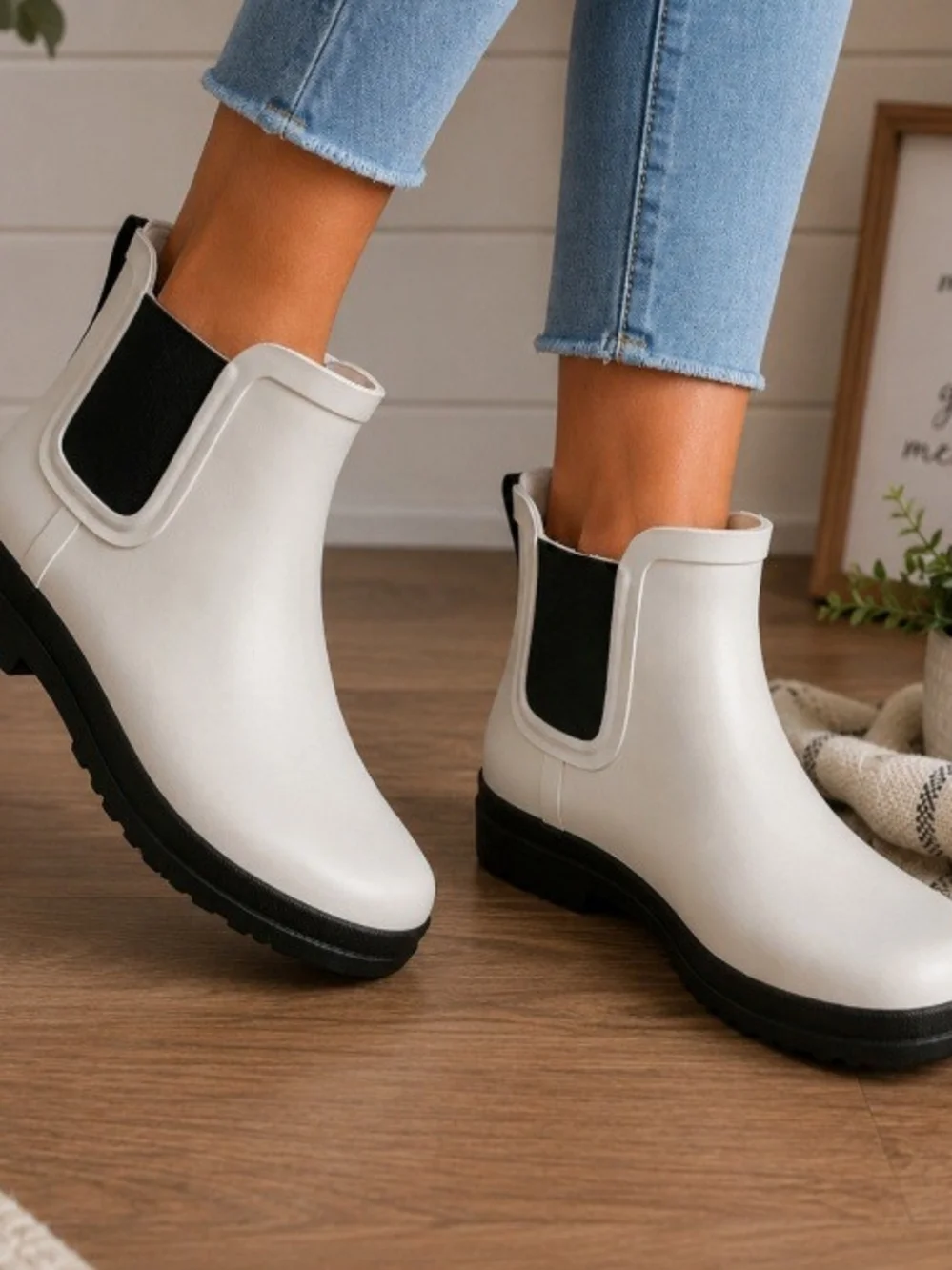 J. Crew White Chelsea-Style Rain Booties with Black Panels